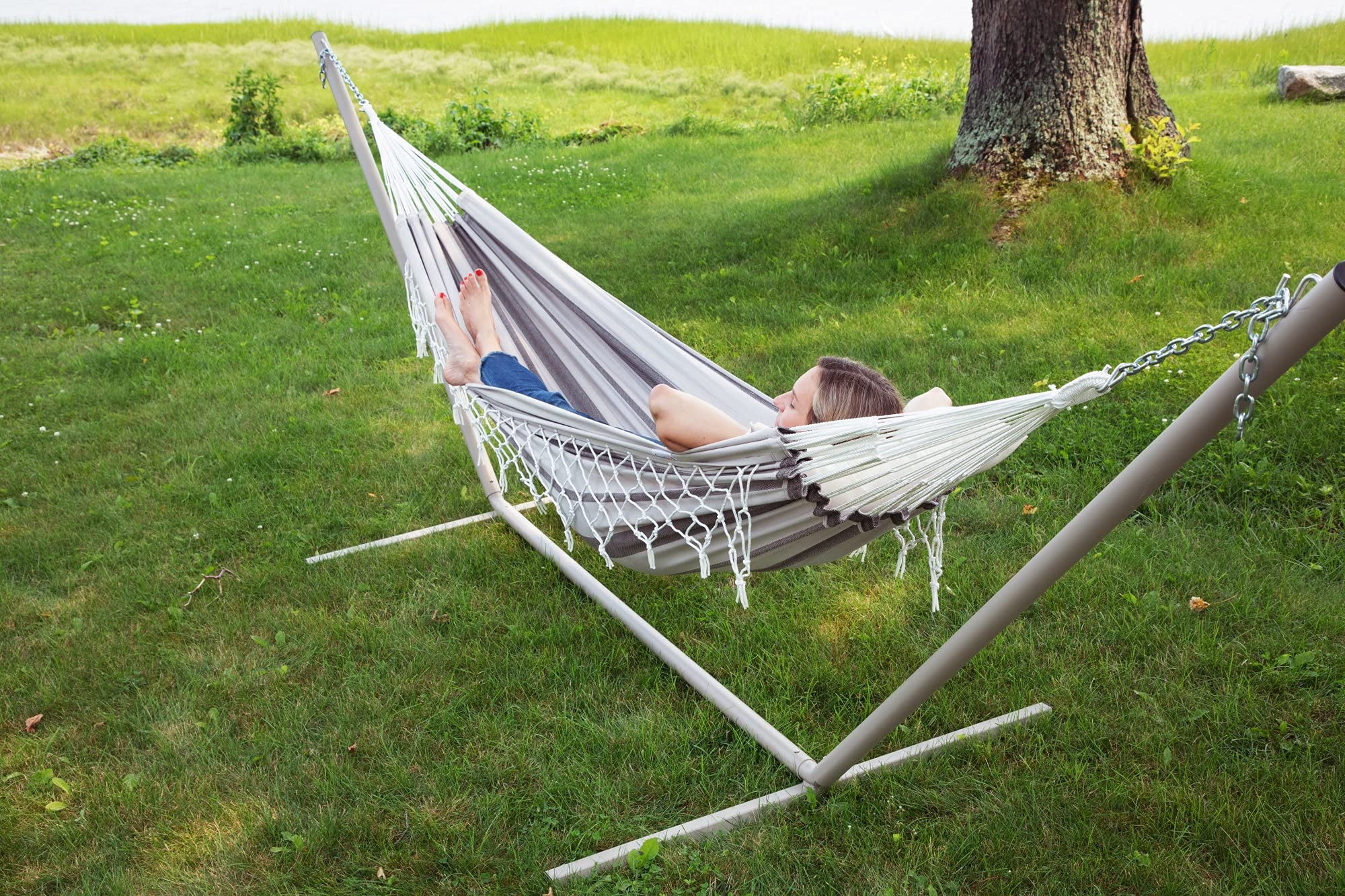 Sol Living Brazilian Patio Hammock Cotton Hammock Double Hammock for Two People Outdoor Patio Swing Chair Hand Woven Mayan Hammock Use Inside Outside Backyard Decor Porch Swing - Grey Stripes