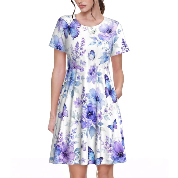 Blue Butterfly Floral Dresses Short Sleeve Nightdresses for Women