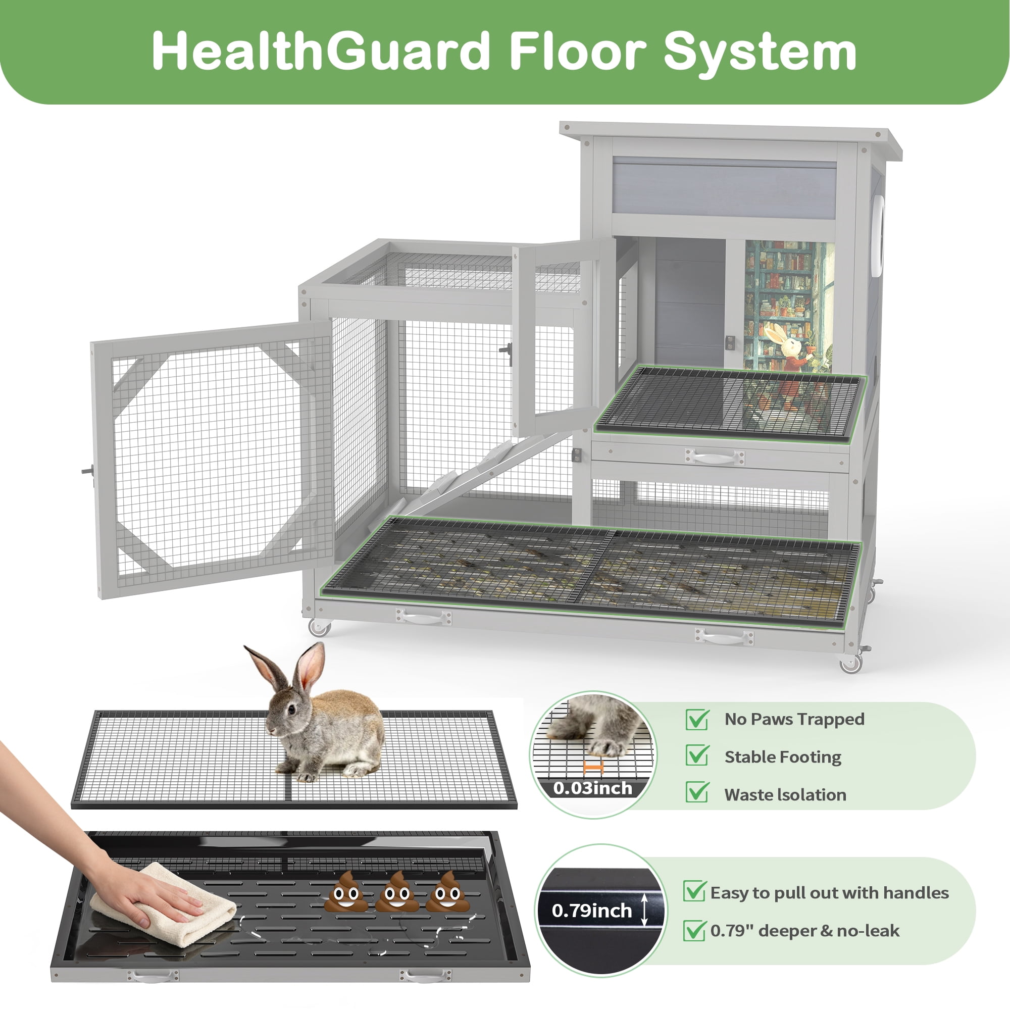 COZIWOW Wooden Rabbit Hutch on Wheels 2-Tier Indoor Bunny Cage Cleaning Trays and Run Gray