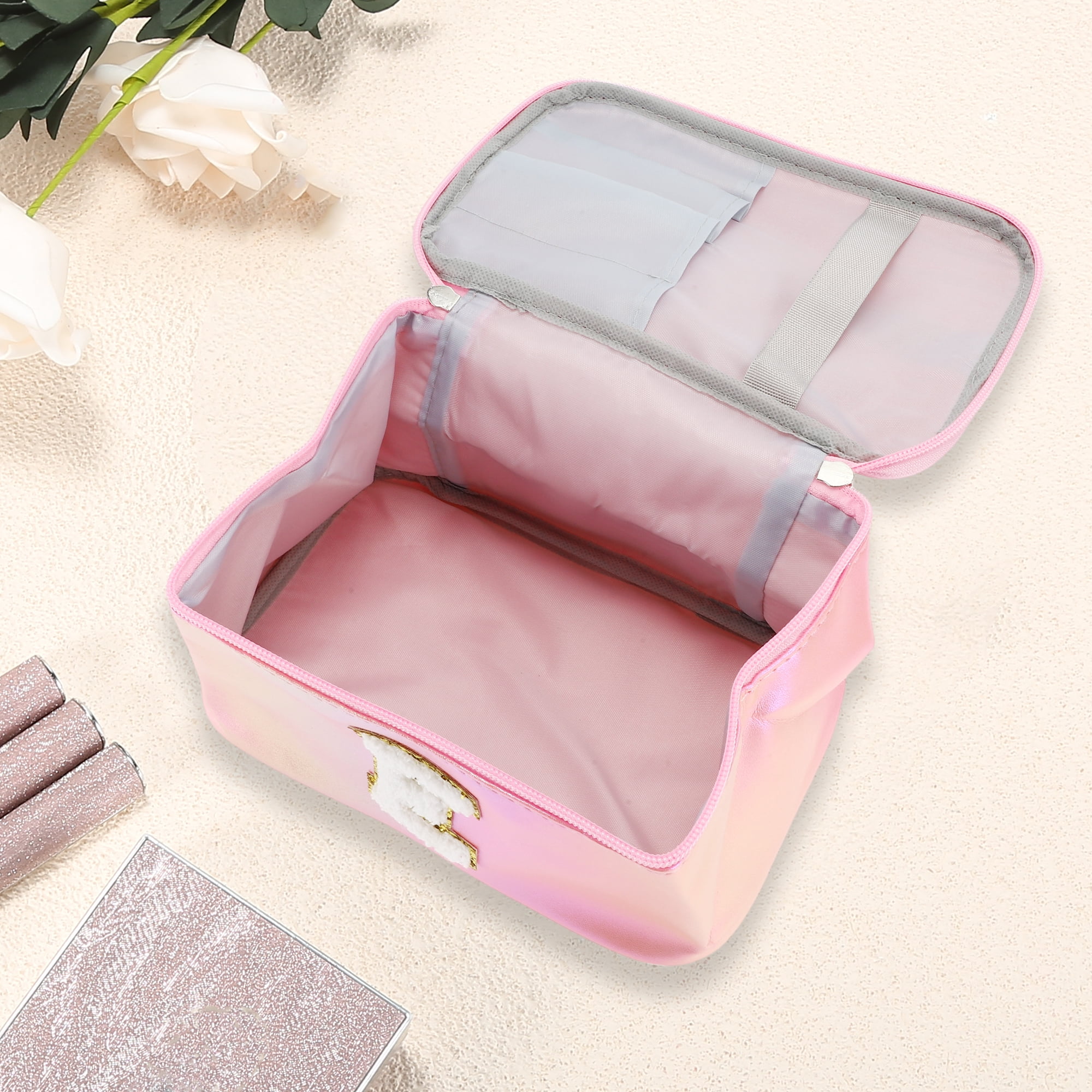 Unique Bargains 1 Pc Women Square Letter E Makeup Bag for Vacation Outdoor Activities Pink