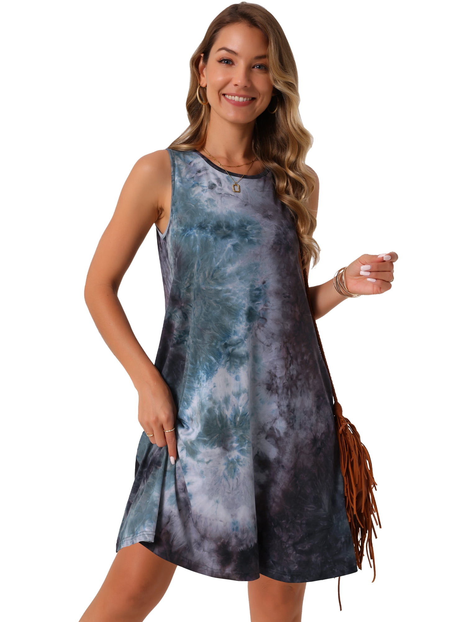 DARING DIVA Tie Dye Tank Dress Sleeveless Pockets Dress S Green Purple