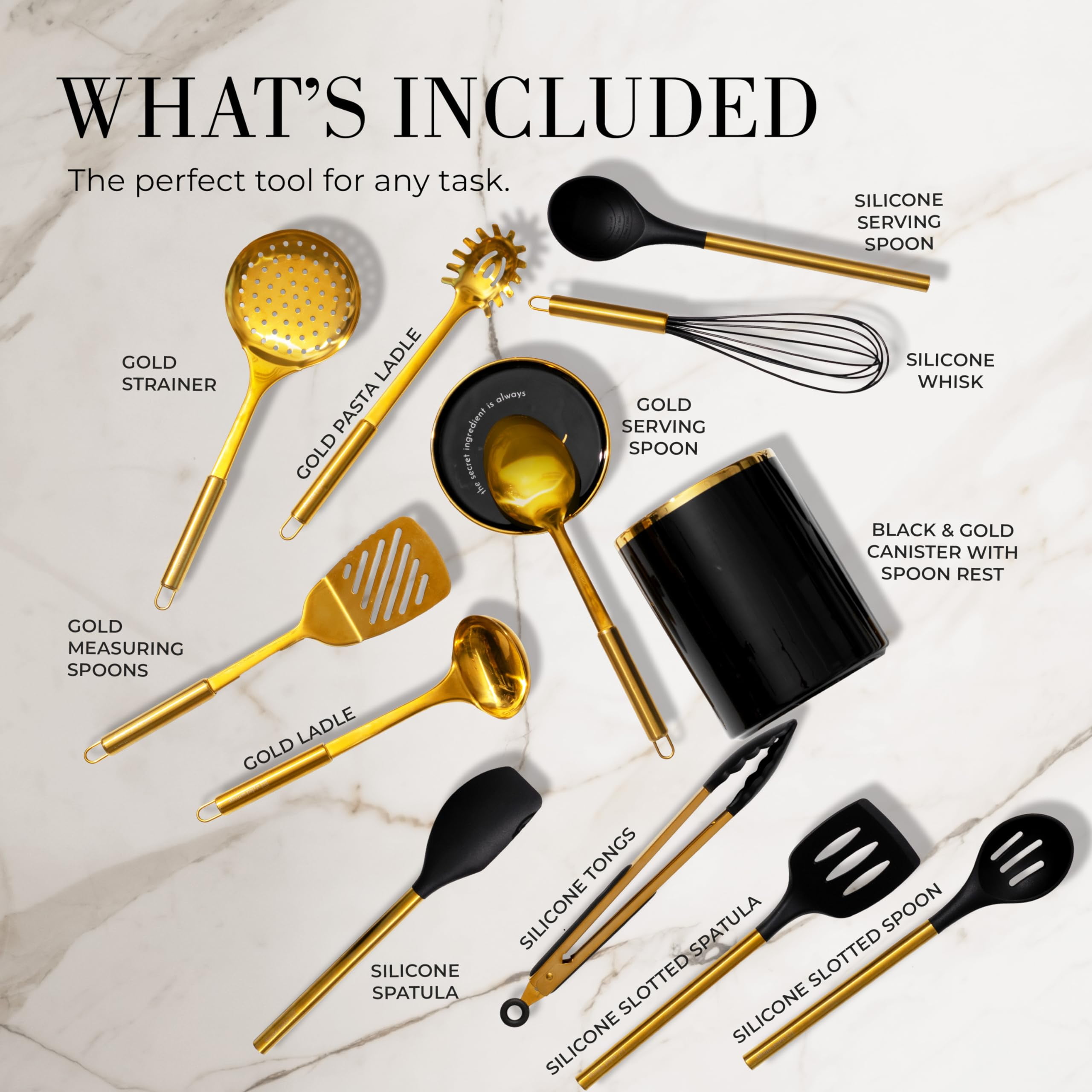 Styled Settings Black and Gold Cooking Utensils Set -13 PC Black and Gold Kitchen Utensils Set Includes Black Ceramic Utensil Holder with Stackable Black & Gold Spoon Rest - Gold Kitchen Accessories
