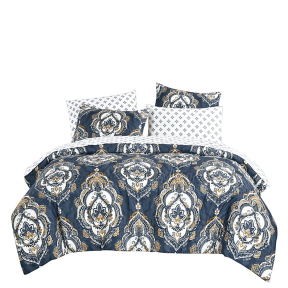 Navy Blue & Gold Damask Print Bedding Set - All-in-One Comforter & Sheet Collection, Twin