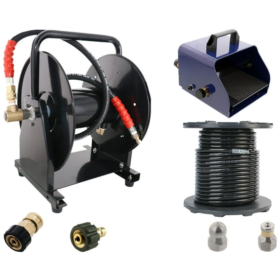 Scheiffer Sewer Jetter Kit - Foot Pedal Hose Reel 3/8" x 200' Hose and Nozzles