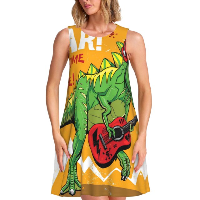 Balery Cool Dinosaur Playing Guitar Vestidos de verano para mujer con estampado: vestido holgado sin mangas, vestido playero informal y cómodo para días calurosos.