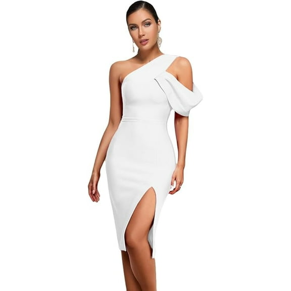 One Shoulder Ruffle Wedding Guest Dress Slit Bandage Cocktail Dress Formal Party Gowns Color White Small