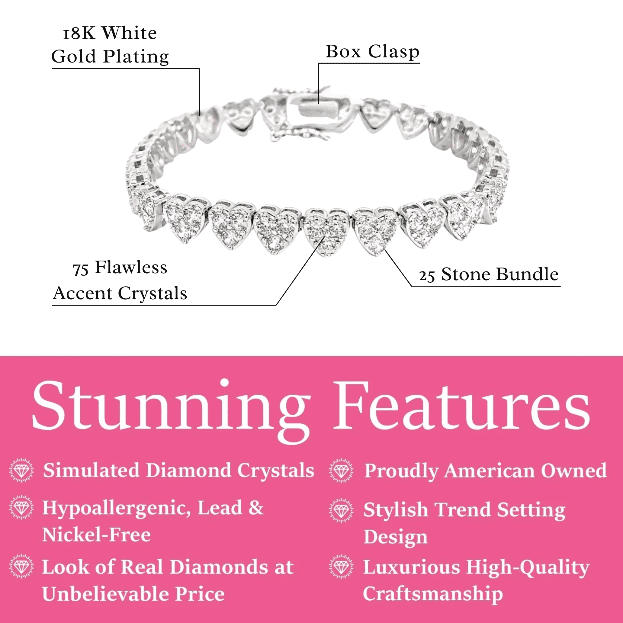 Cate & Chloe Donna 18k White Gold Plated Heart Bracelet with Simulated Diamond Crystals for Women