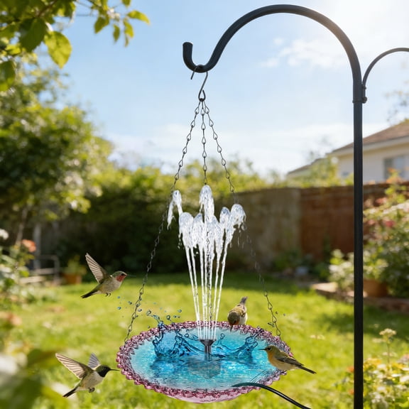 Cascade Hanging Bird Bath Fountain, Cascading Water Feature with Glass Bowl, Large Birdbath for Hummingbirds, Yard, Garden Decoration (USB,Purple)