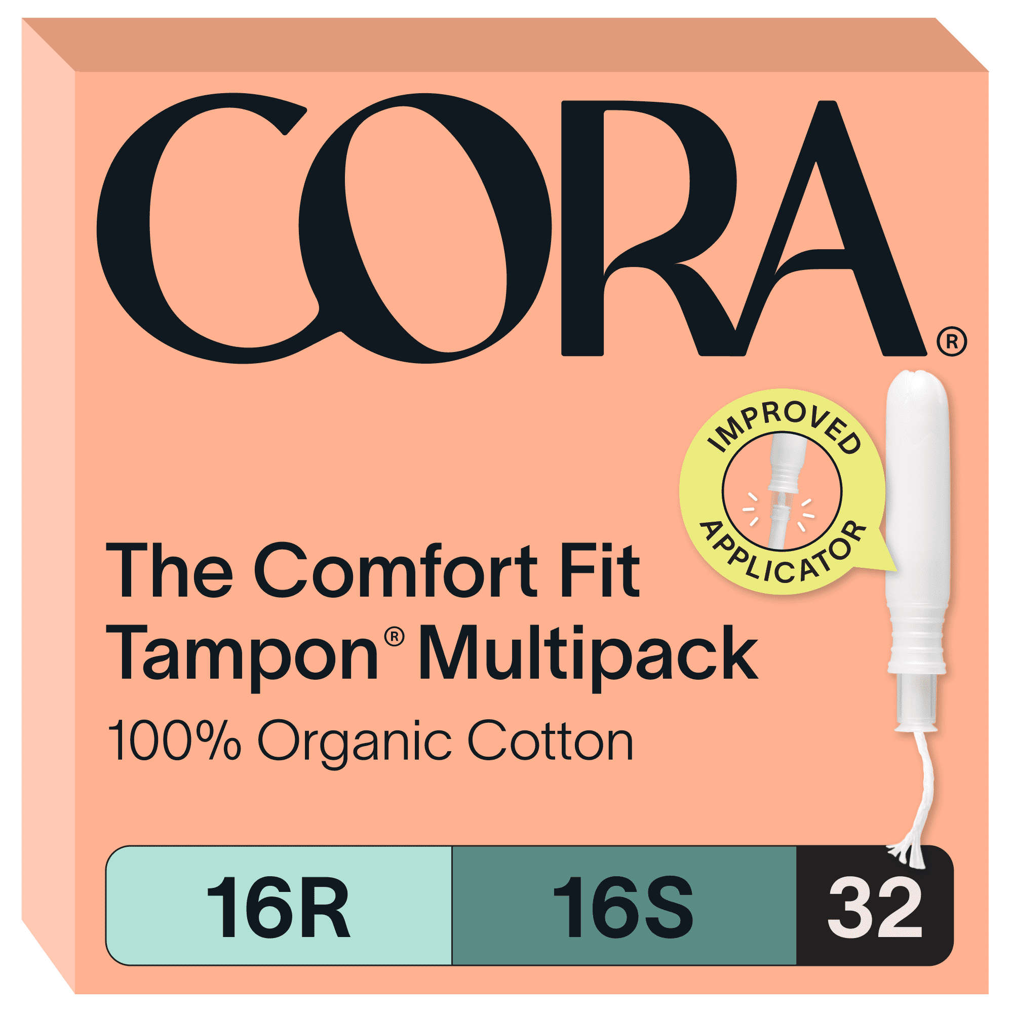 (2 pack) Cora 100% Organic Cotton Applicator Tampons, 16 Regular / 16 Super, 32 Count