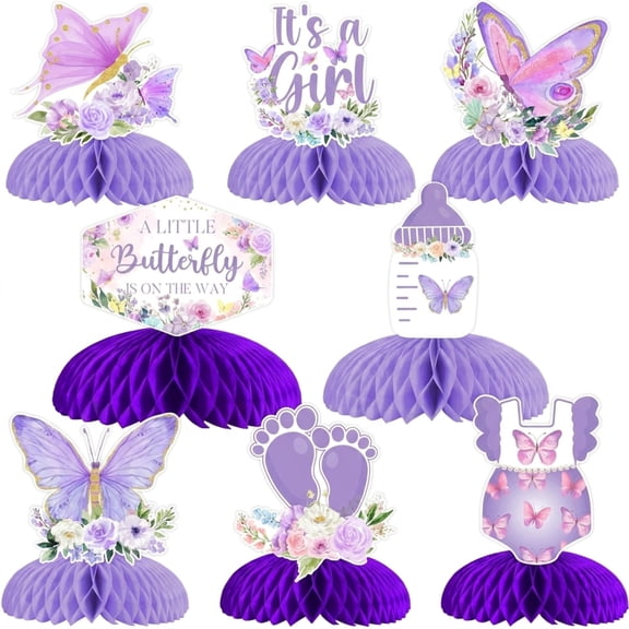 8 Pack Purple Floral Butterfly Honeycomb Table Centerpieces, It's A Girl Baby Shower Table Toppers for Little Butterfly Themed Pregnancy Newborn Party Decor