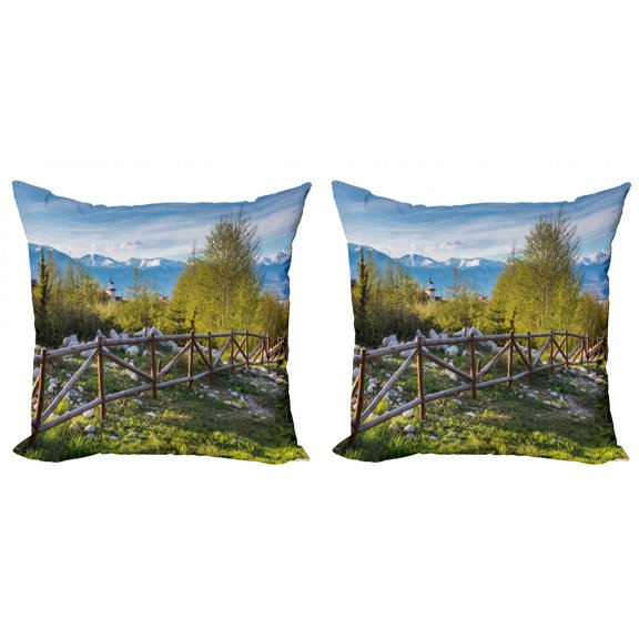 Ambesonne Landscape Throw Pillow Cover 2 Pack, Snowy Alps Mountain, 18", Green Blue