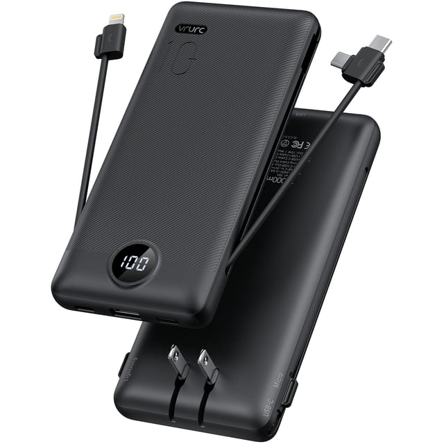 Portable Charger Built-in Cables and AC Wall Plug, USB C Power Bank 10000mAh, 2023 Upgraded Version VRURC Phone Charger Compact Lightweight External Battery Pack for Smart Phones, Tablets-Pure Black