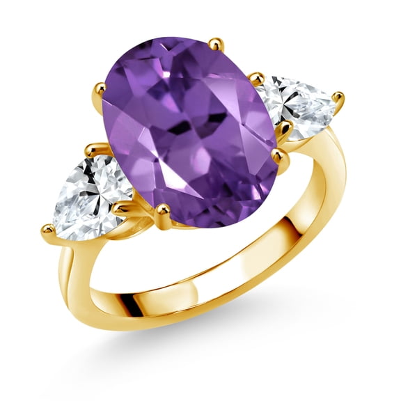 Gem Stone King 18K Yellow Gold Plated Silver Purple Amethyst and White Created Sapphire Ring for Women (9.00 Cttw, 14X10MM Oval and 7X5MM Pear Shape, Gemstone February Birthstone, Size 8)