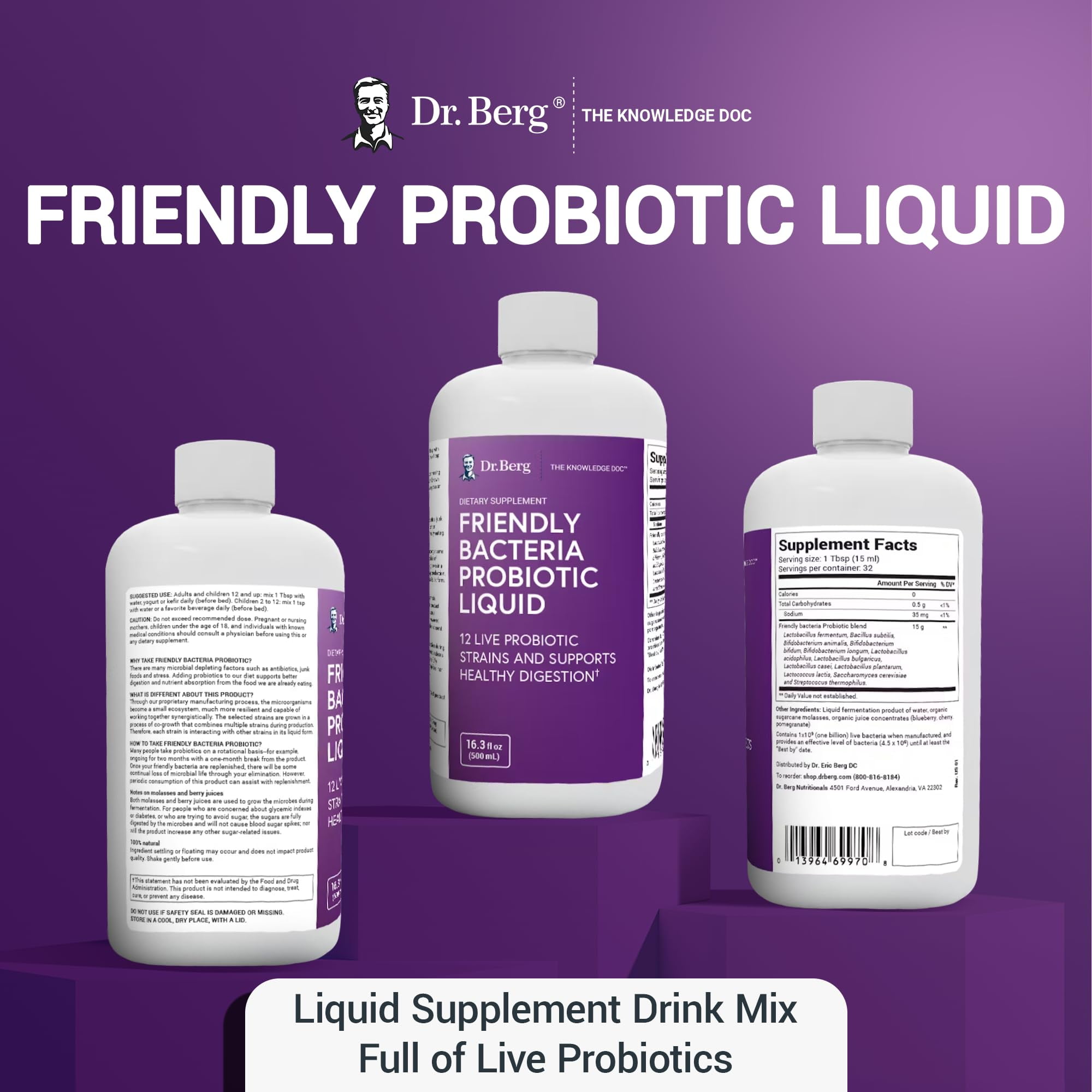 Dr. Berg Probiotic Liquid - Probiotic Drink Mix w/ 12 Live Probiotic Strains - Men Women & Kids - 500 ml