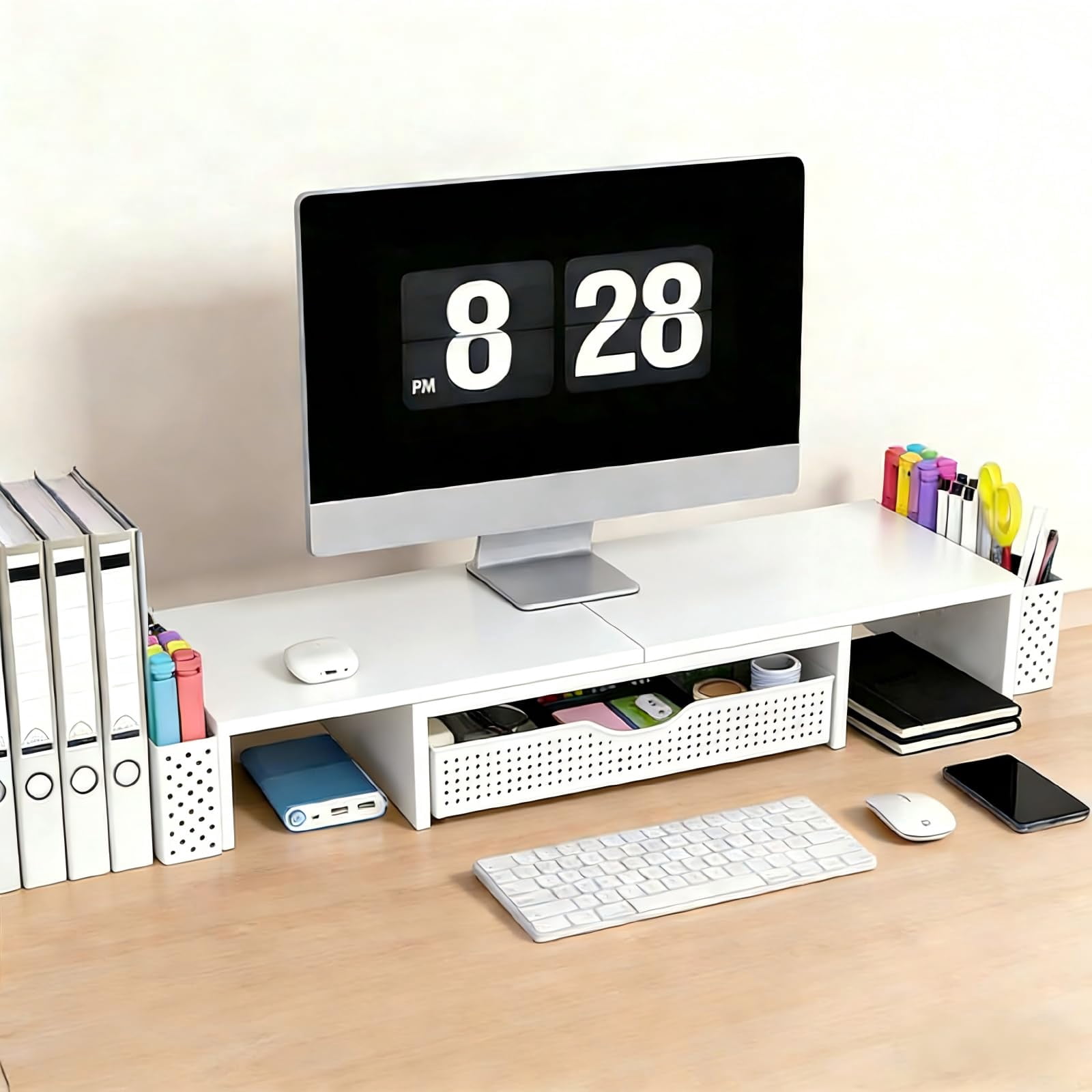 Metal Desk Organizers And Accessories  Dual Monitor Stand Riser With Drawer 2 Pen Holders & Workspace Desktop For Office Supplies (white)