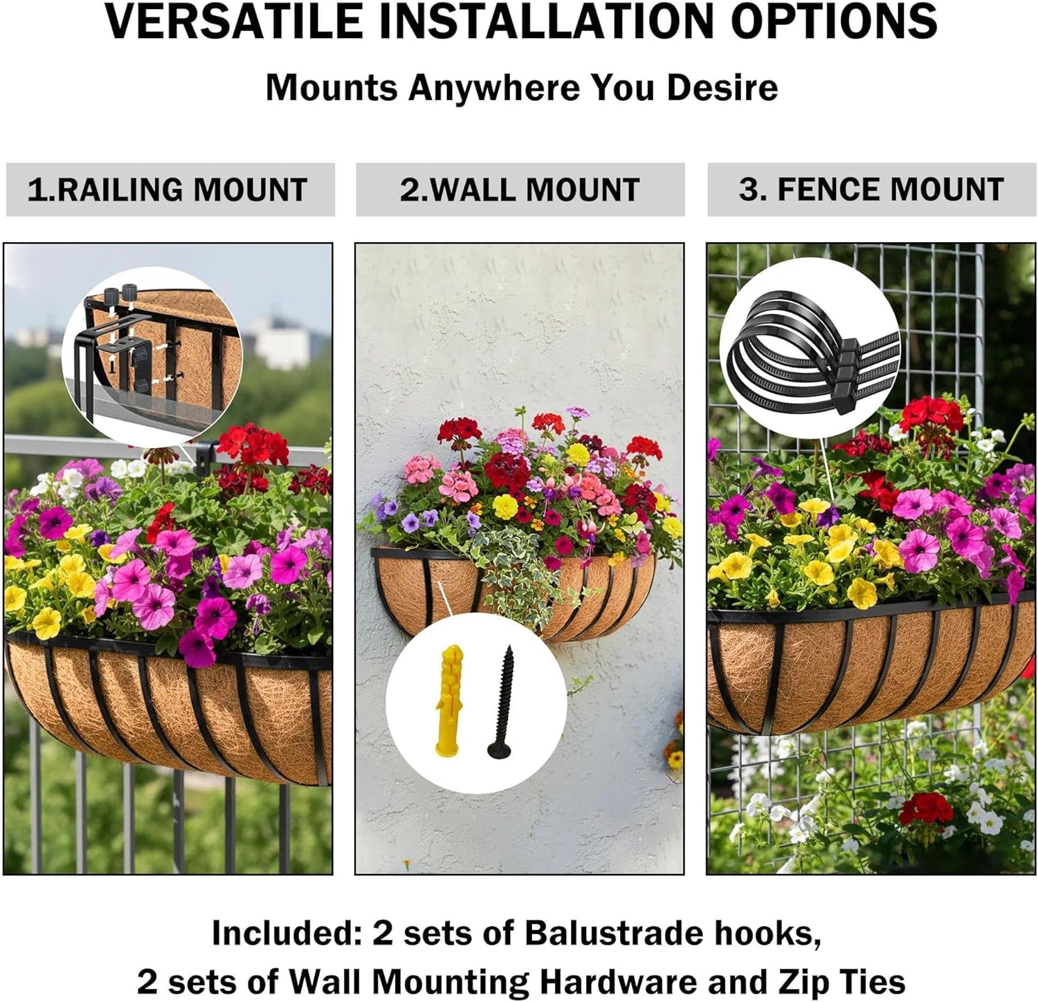 16“ Window Box Railing Planter with Coco Liner Metal Wall-Mounted Coconut Liner Planter Basket English Horse Trough Planters for Outdoor Deck Balcony Porch Fence Patio Black (2 Pack)