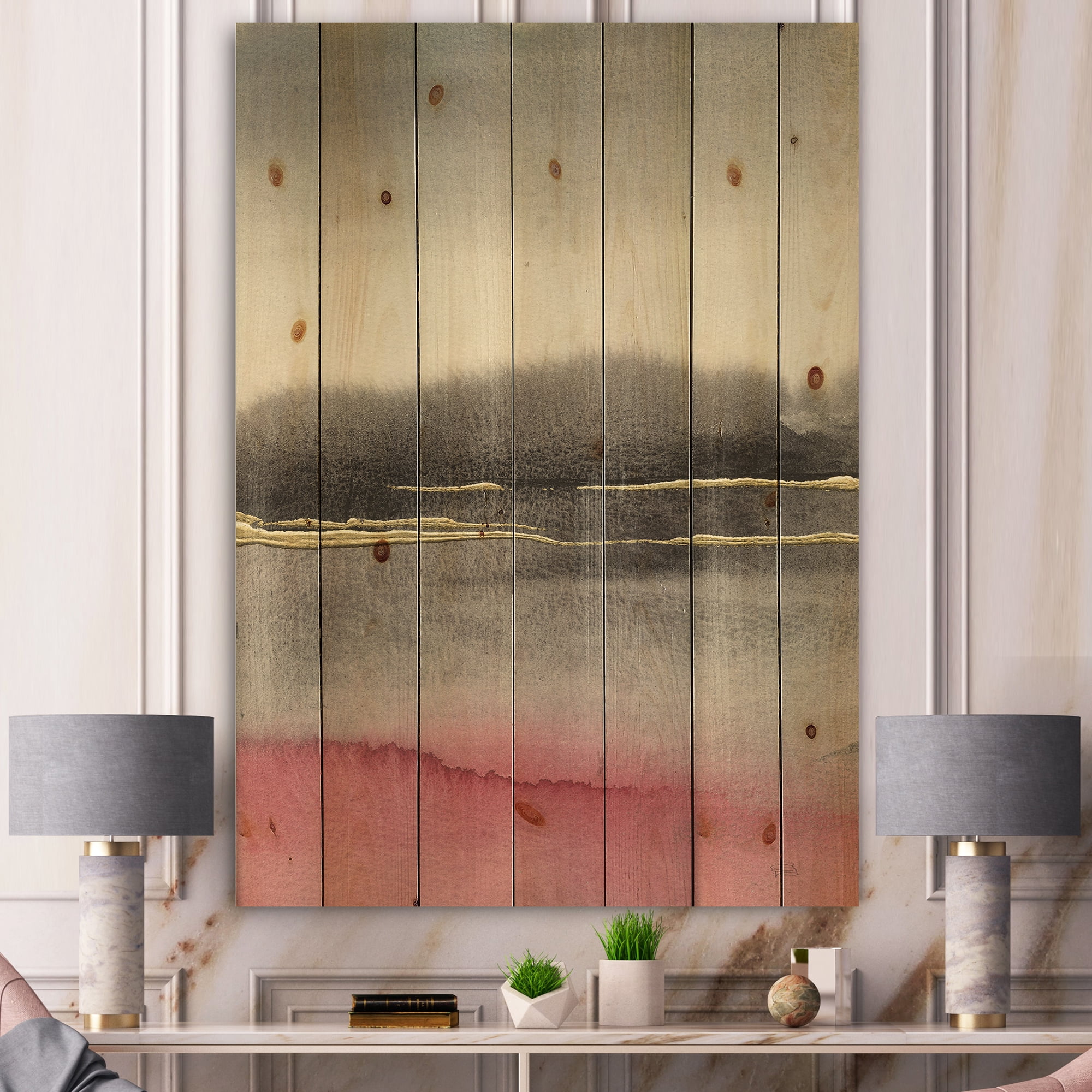Designart 'Pink Shabby Storm II' Shabby Chic Print on Natural Pine Wood