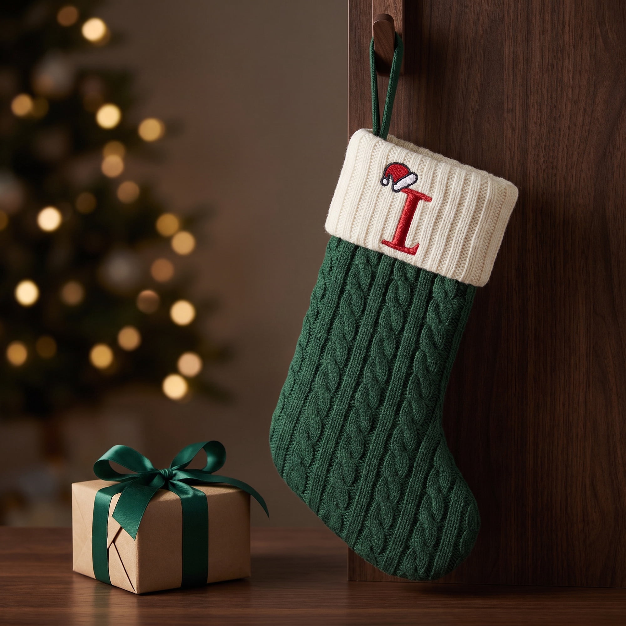 Unique Bargains Christmas Luxury Grand Hearth Accent Stocking Green Letter I 8"