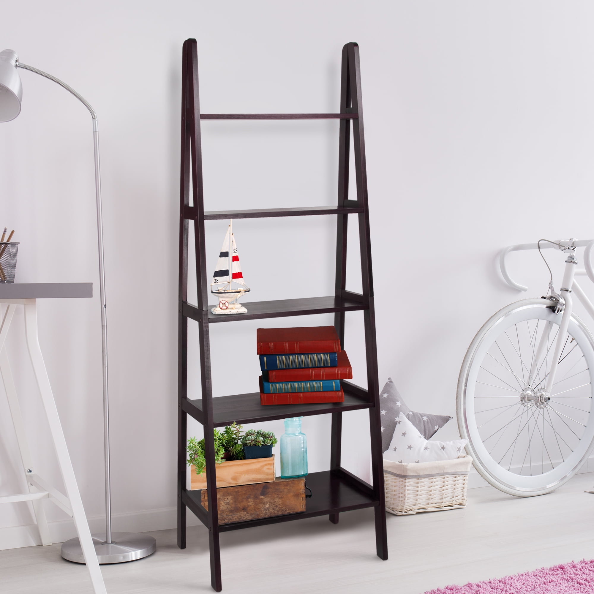 5 Shelf Ladder Bookcase Espresso, Espresso Colored Shelves