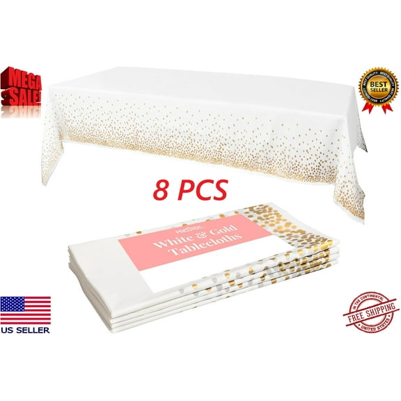 Prestee White and Gold Tablecloths 8 Pack – 54 x 108 in Disposable Plastic Table Cloths – Gold Dot Party Tablecloths for Engagement, Baptism, Birthday, Baby Shower & Wedding Decorations