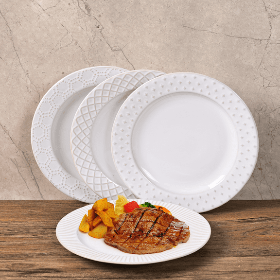 8-Inch for 4 Dinnerware Set, White Ceramic Dinner Plates Set - Elegant Embossed Design for Home Dining, Party Hosting & Restaurant Use, Ideal for Steak, Pasta & Daily Meals