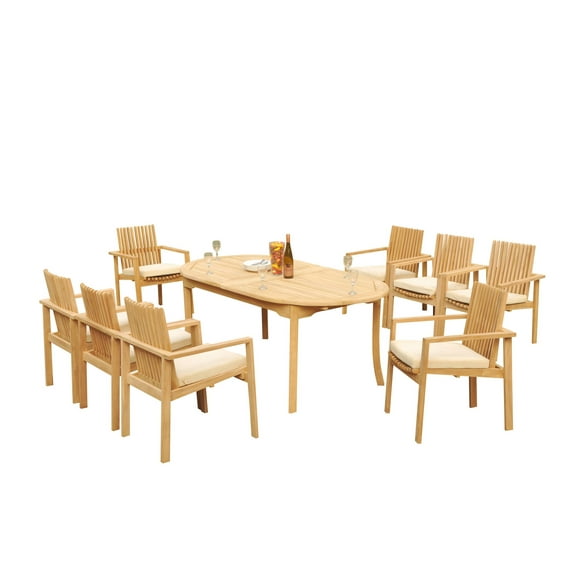 Grade-A Teak Dining Set: 8 Seater 9 Pc: 94" Oval Table And 8 Clipper Stacking Arm Chairs Outdoor Patio WholesaleTeak #51CP2209