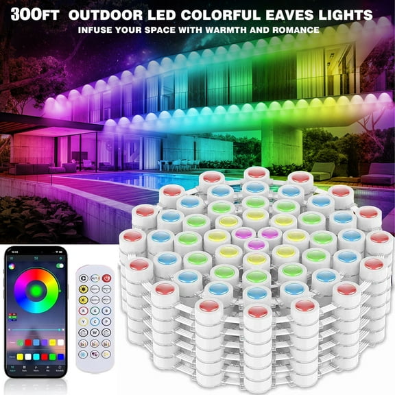 300FT Permanent Outdoor Lights, IP67 Waterproof RGB LED Eaves Lights with Smart App and Remote Control, 150 LEDs Outdoor Strip Lights Color-Changing Mode for Christmas/Party/Daily Decoration