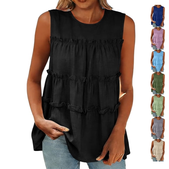 TGSLY Women's Tiered Ruffle Layers Tank Tops Lightweight Crinkle Crew Neck Sleeveless Blouses Loose Fit Dressy Casual Solid Color Flowy Shirts M