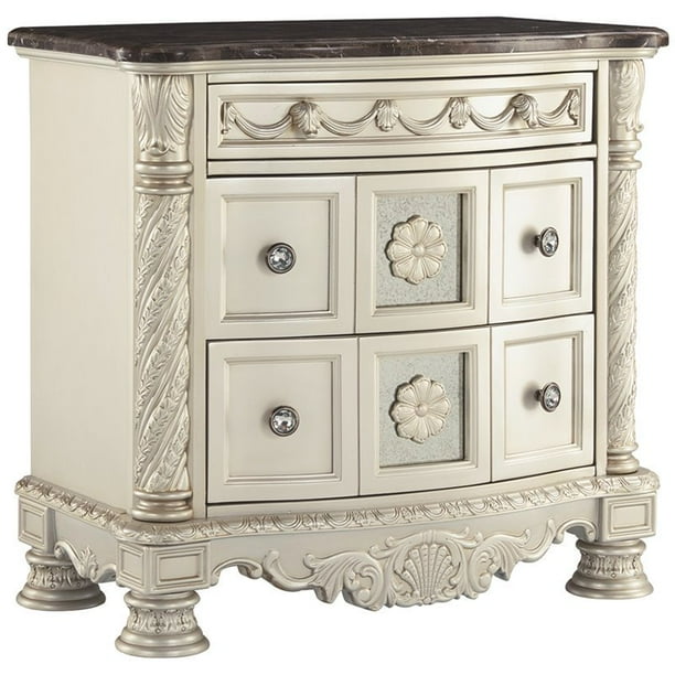 Ashley Cassimore 3 Drawer Marble Top Nightstand in Pearl and Brown