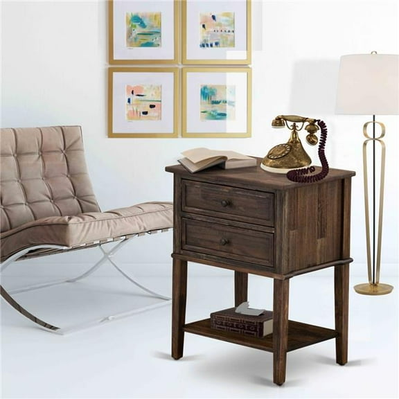Valencia Wood Side Table with 2 Wood Drawers for Bedroom - Distressed Jacobean