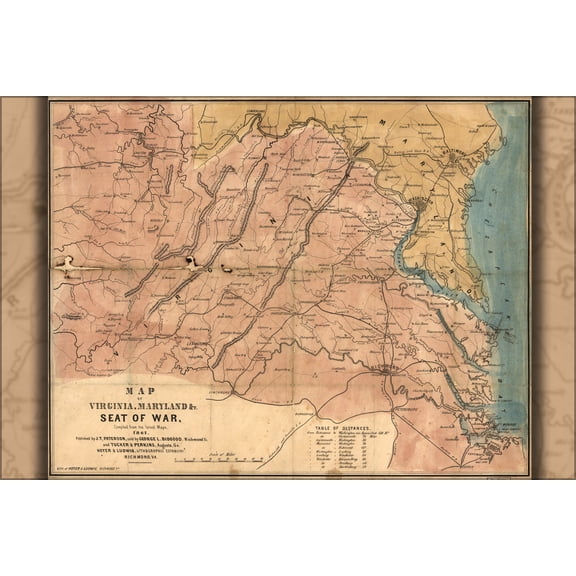 24"x36" Gallery Poster, Map of Virginia, Maryland seat of war 1861