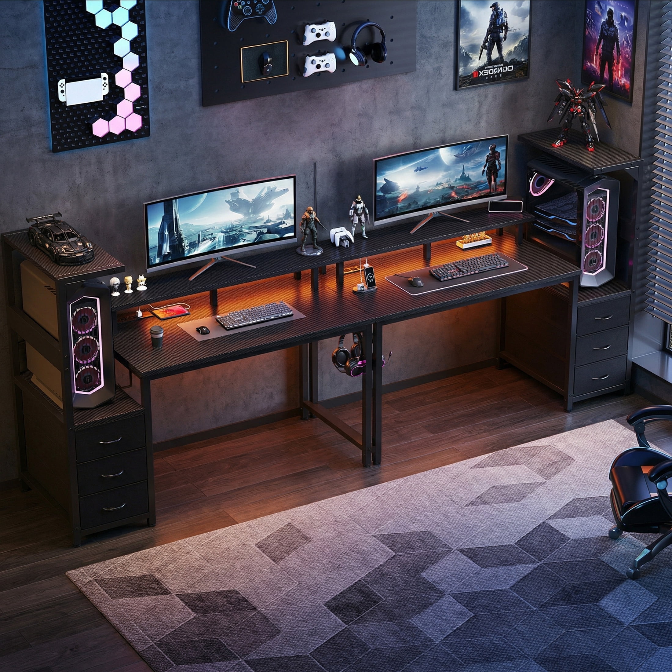 edx 52" Gaming Desk, USB Ports & LED Lights, Reversible Table with Monitor Stand for Home Office, Carbon Fiber Black