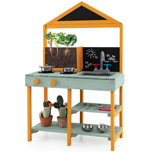 Costway Juego de Cocina para Niños de 3 Años con Macetero Visor de Raíces Grifo Giratorio Fregadero Extraíble Pizarras Accesorios de Utensilios