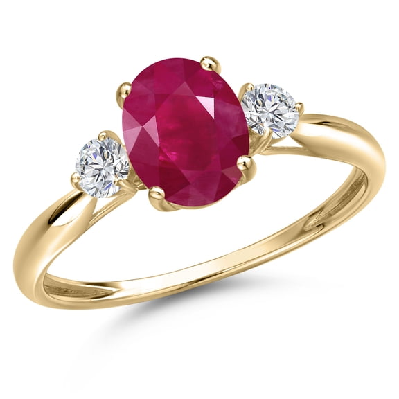 Gem Stone King 10K Yellow Gold Red Ruby and Lab Grown Diamond 3-Stone Ring for Women | 1.82 Cttw | Oval 8X6MM | Gemstone July Birthstone | Size 9