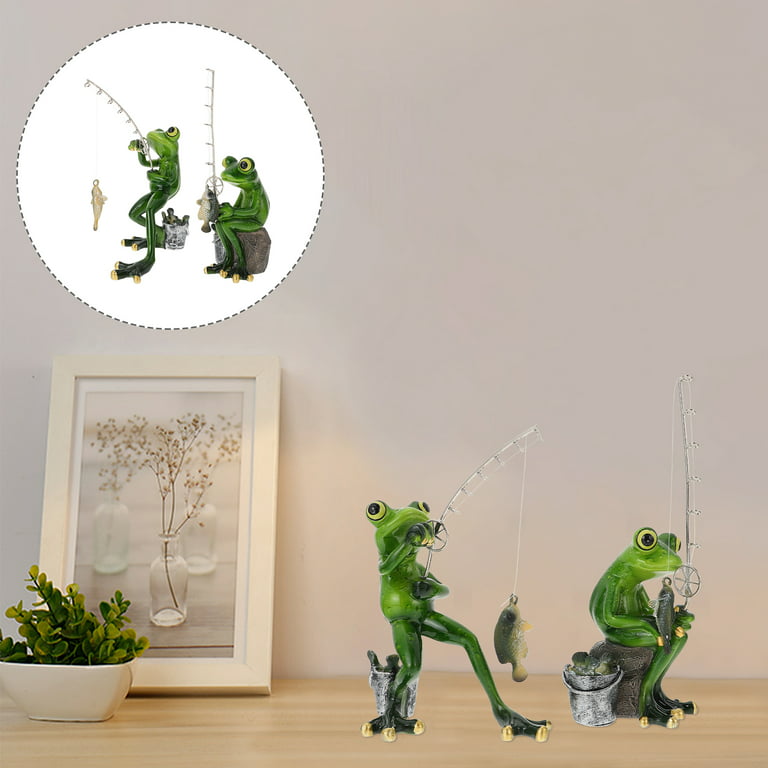 2pcs Fishing Frog Ornament Outdoor Garden Frog Decor Resin Frog Figurine