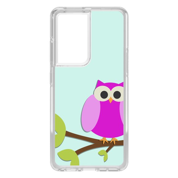 DistinctInk Clear Shockproof Hybrid Case for Galaxy S21 ULTRA 5G (6.8" Screen) - TPU Bumper, Acrylic Back, Tempered Glass Screen Protector - Pink Owl Cartoon - Cartoon Owls