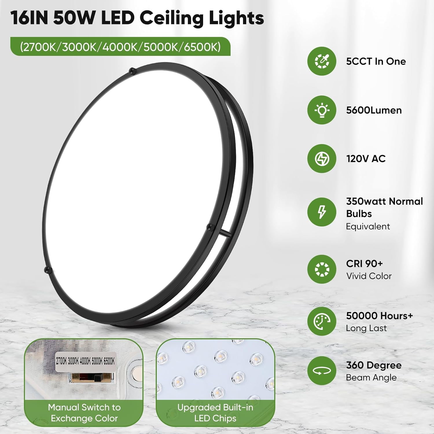 Nordic Hygge 50W 5600lm Bright LED Ceiling Lights Matte Black, 16Inch, 2 Pack