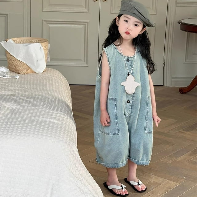 hengsof Denim Overalls for Toddler Girls, Solid Color Sleeveless Overalls with Pockets, Cute Summer Capri Overalls