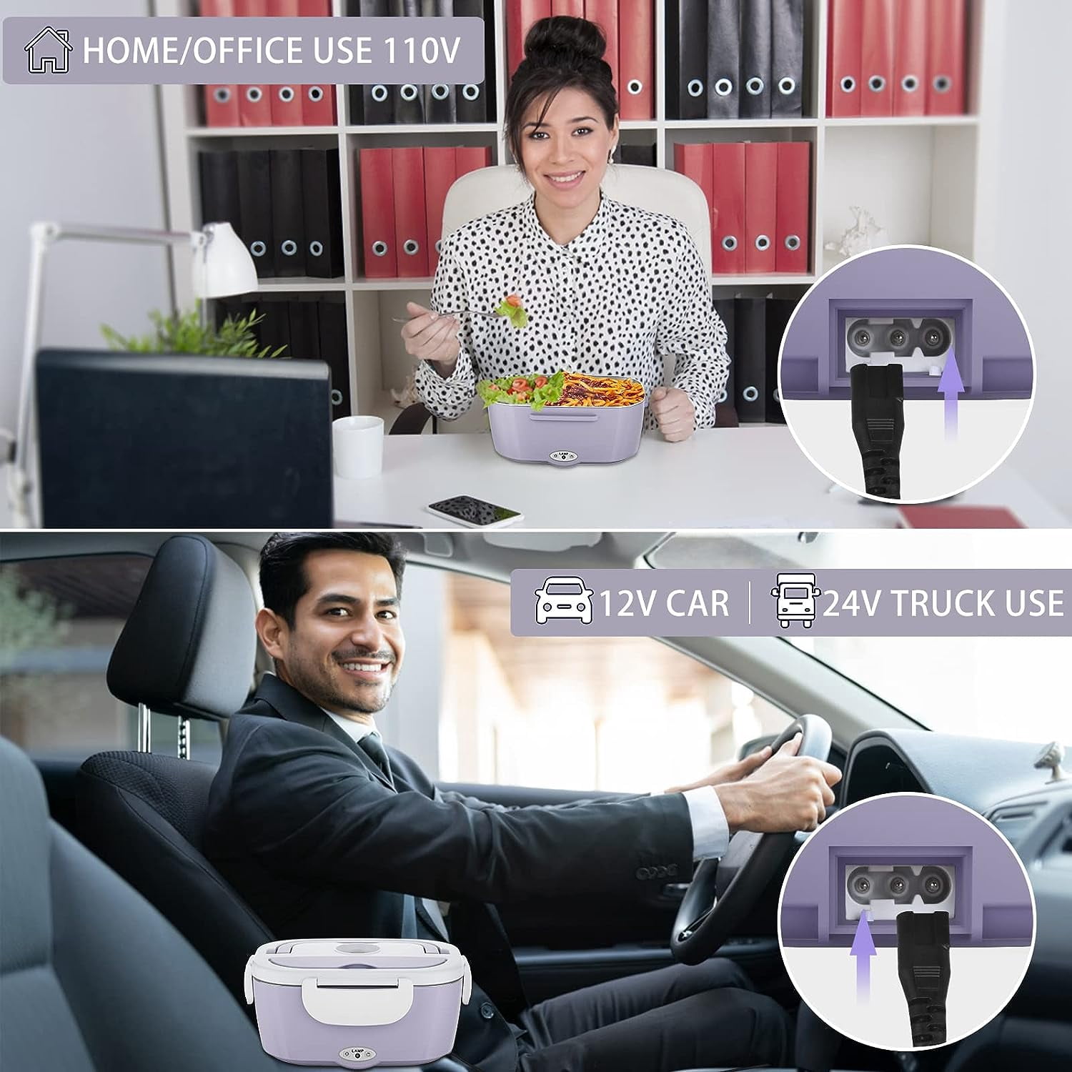 Carsolt Electric Lunch Box Food Heater - 3 in 1 Portable Leakproof Heated Lunch Box for Car/Home/Adults with 1.5L Removable 304 Stainless Steel Container, 60-80W, 12V/24V/110V (Light Purple)