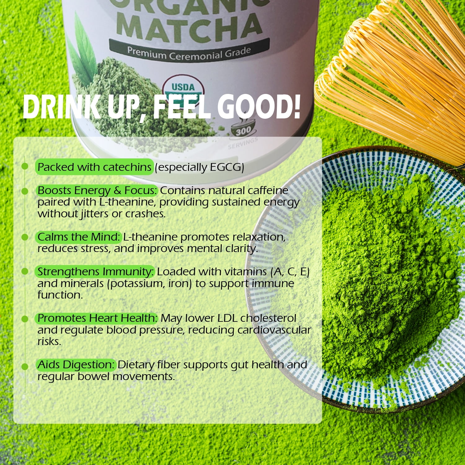 DIET COOKER Organic Premium Grade Matcha Powder, 300g Premium First Harvest Green Tea Powder Vegan, Gluten-Free, Sugar-Free with No Additives