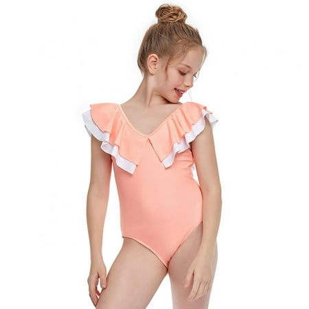 

Bullpiano 2-12T Girls Ruffled Swimsuits Breathable One Piece Bathing Suits for Kids Quick Dry Summer Beach Swimwear Cross-back Princess Beachwear (Orange)