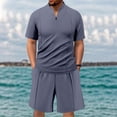 thumbnail image 2 of Timoontee Men's 2 Piece Waffle Sets Summer Casual Beach Vacation Sets Short Sleeve Mock Neck Shirts with Loose Drawstring Shorts Lightweight Tracksuit Gray XXXL, 2 of 9