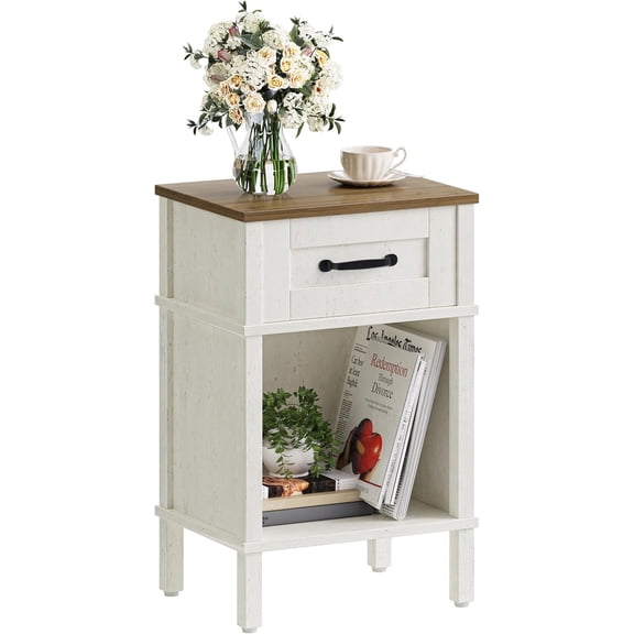 White Farmhouse Nightstand with Drawer, Small Wooden Bedside Table, Rustic Wood End Table with Storage for Living Room, Bedroom