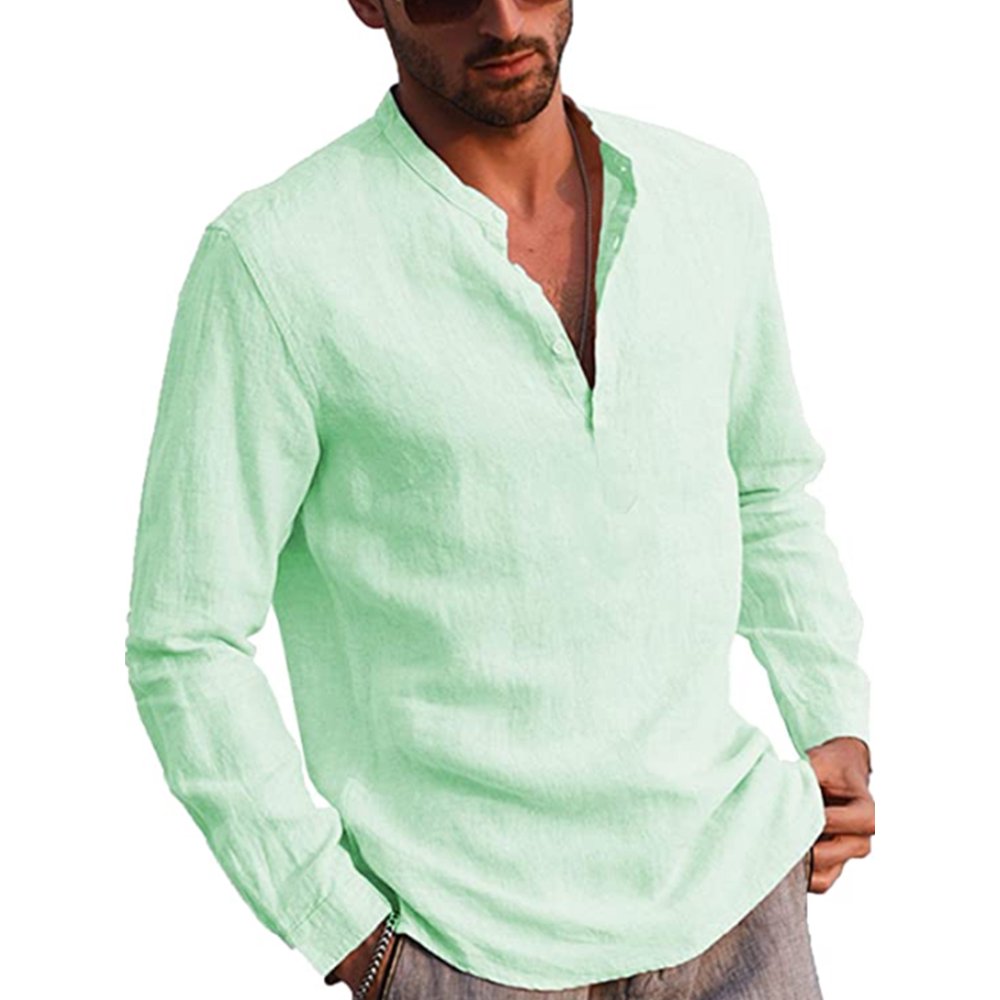 Mens Long Sleeve Henley Shirt Cotton Linen Beach Yoga Loose Fit