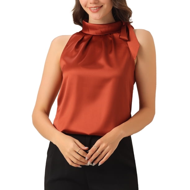 INSPIRAR CHIC Blusas de Trabajo Sin Mangas de Satén para Mujeres con Lazo en el Cuello Color Sólido M Rojo