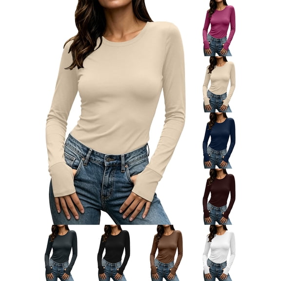 Solid Color Shirts For Women Women's Long-Sleeve Crew Neck Base Layer Top With Thumbholes Stretchy Fabric Khaki XL