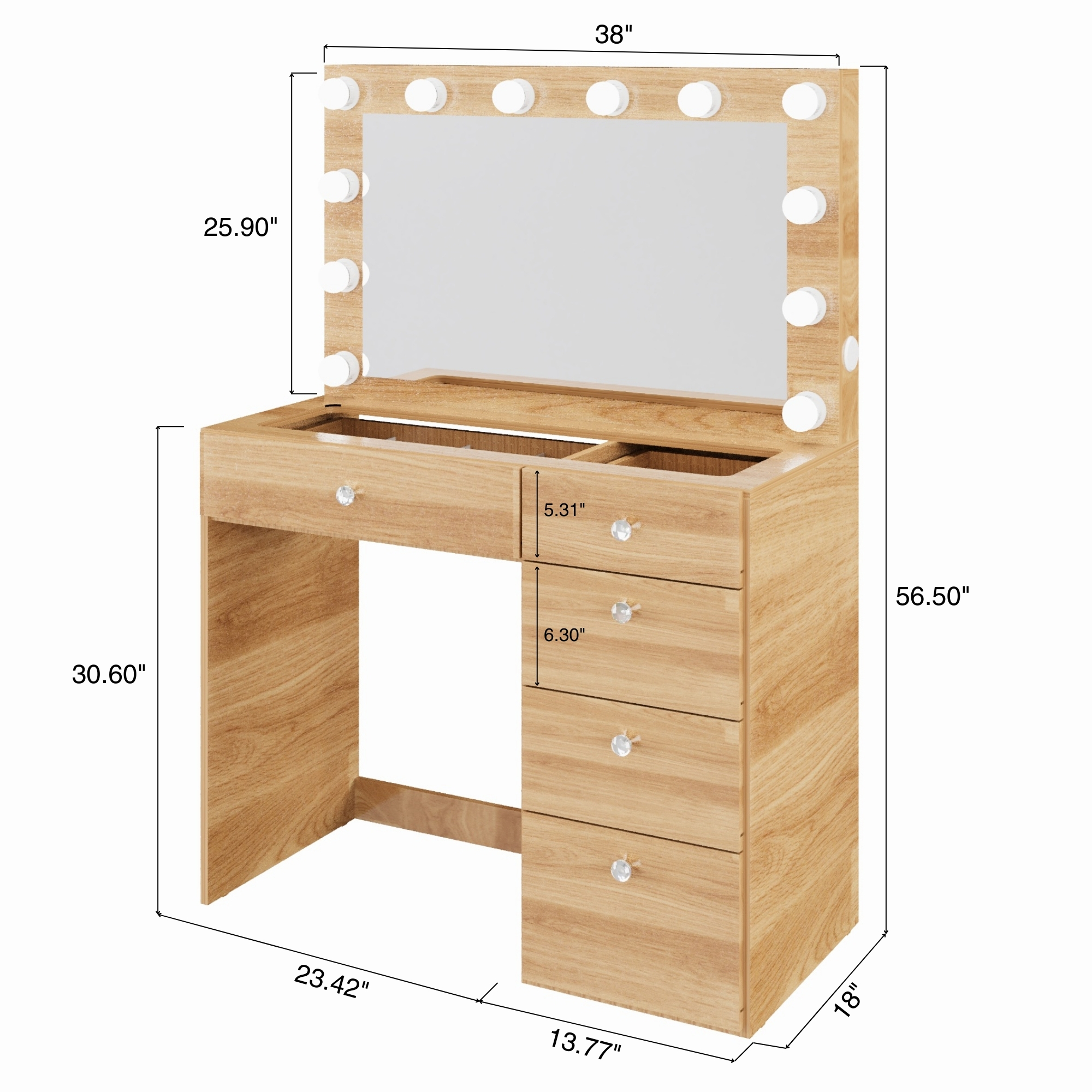 Ember Interiors Modern Brown Vanity Desk with Lights and Charging Station