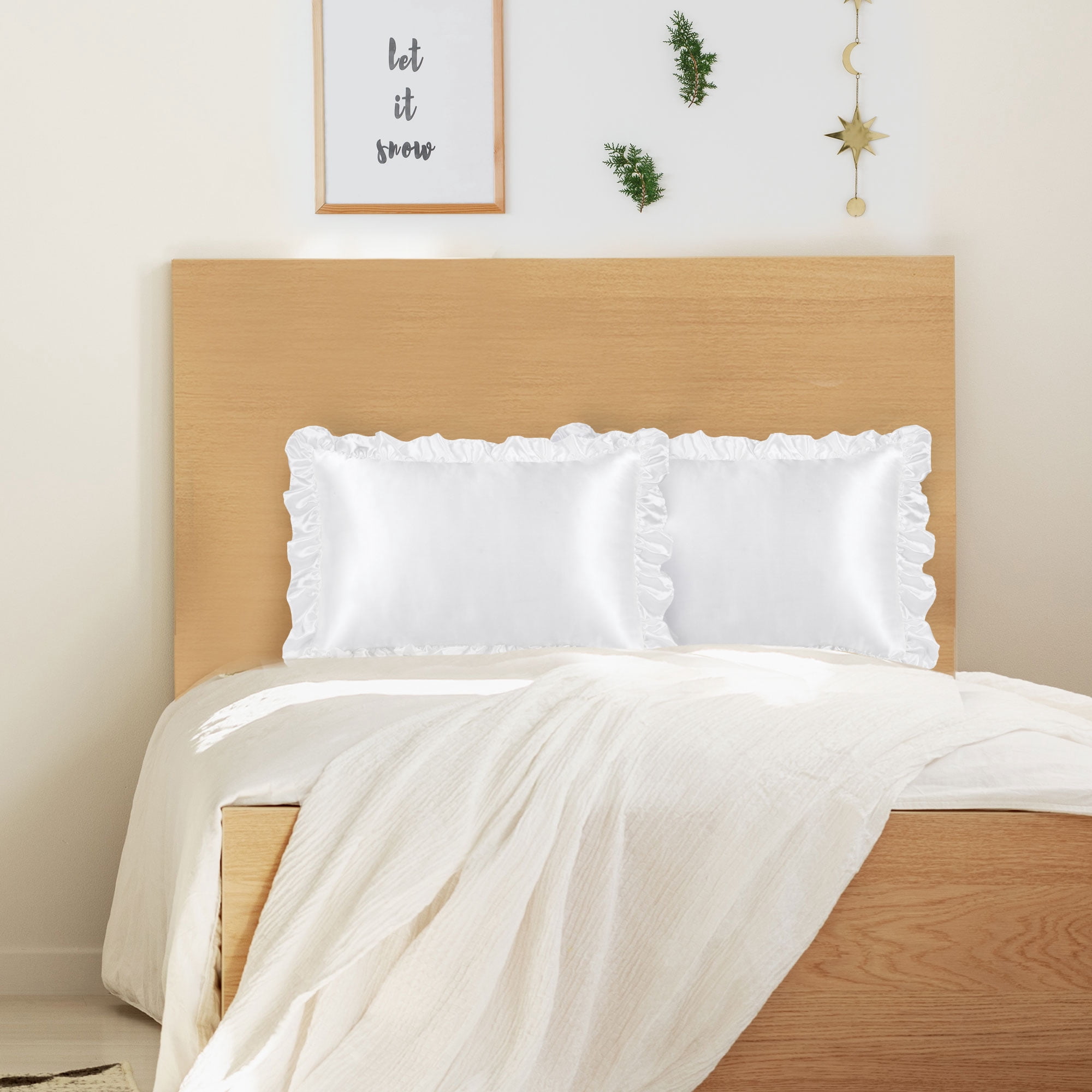 Unique Bargains Satin Ruffle Envelope Closure Pillowcases Set of 2 White 17" x 25"