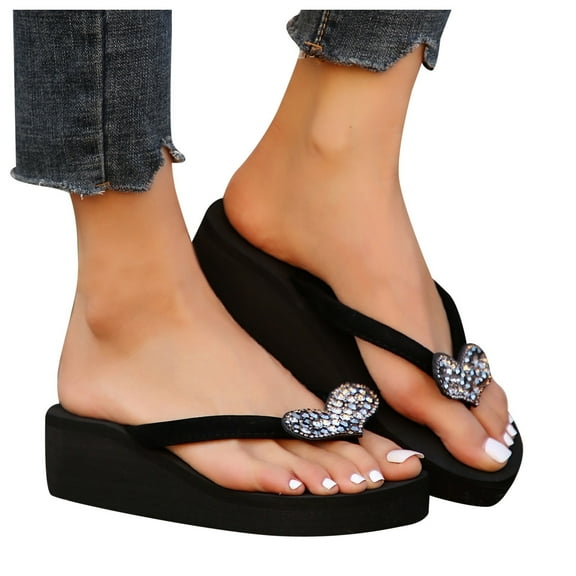 IUJSOY Platform Flip Flops for Women Heart Rhinestone Thong Sandals Slip on Soft Cushion Wedges