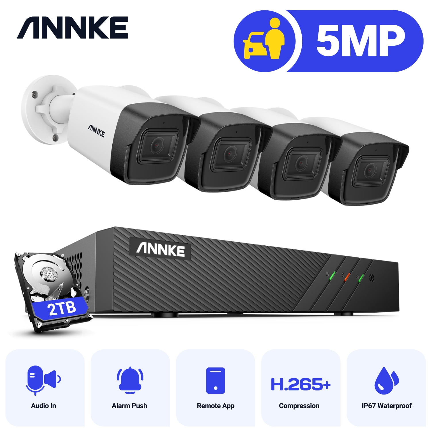 ANNKE H.265+ 8 Channel 4 Camera PoE Security System 6MP NVR with 2TB HDD, 5MP Outdoor Bullet IP Camera, Color Night Vision, Built-in Mic, Smart Motion Detection, Security Camera System AI Motion